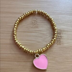 Gold Beaded Bracelet with Pink Heart Charm